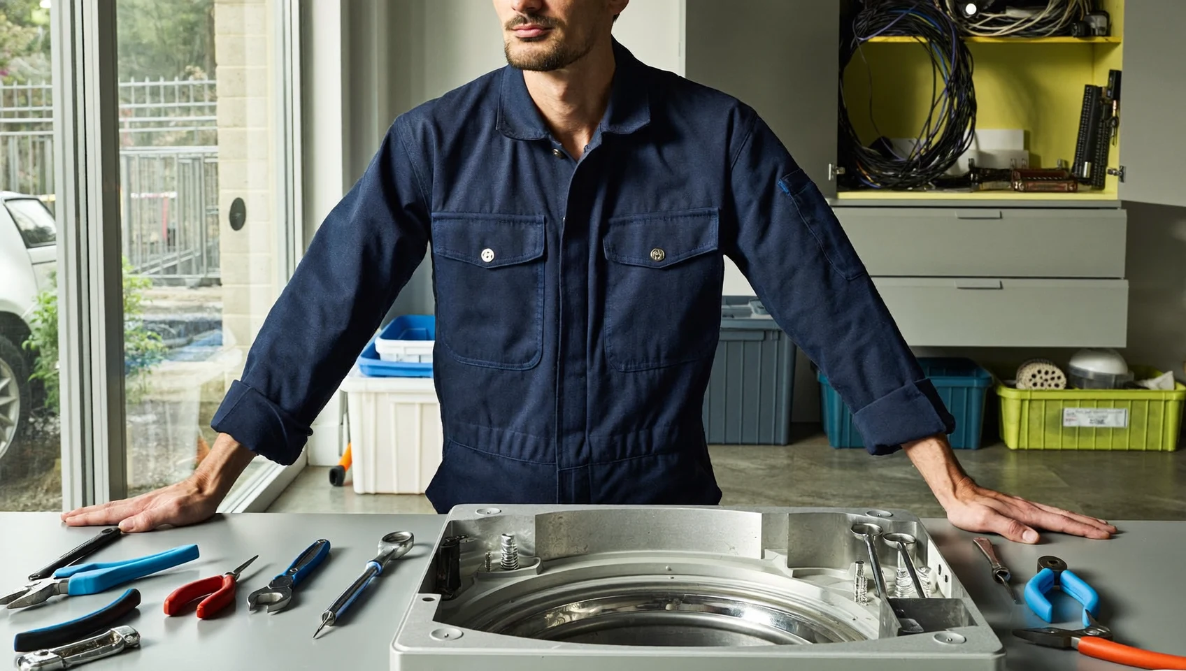 Illustration: Werkbank mit Werkzeugen für die Hausgeräte-Reparatur